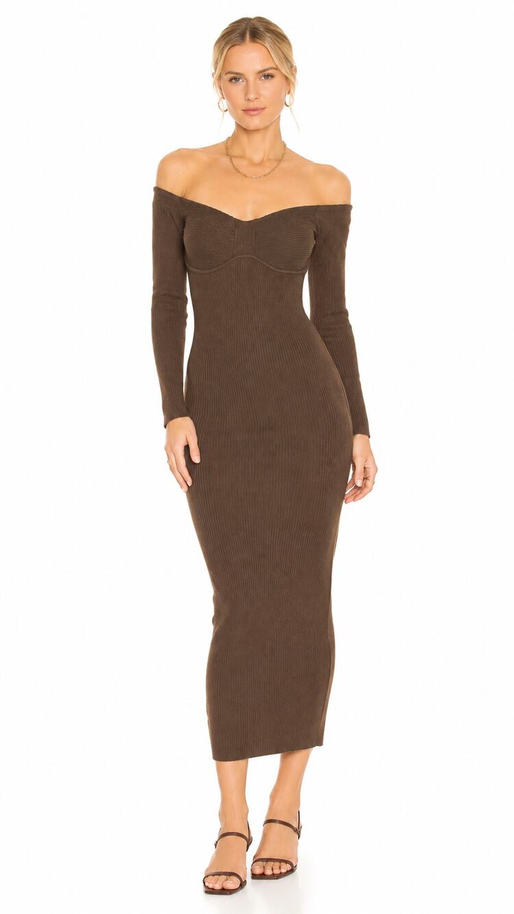 L'Academie Long Sleeve Tucci Knit Bustier Ribbed Midi Dress Womens Small Brown